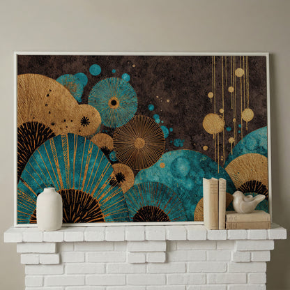 Teal and Gold Abstract Fan Shapes Canvas Art in white floating frame