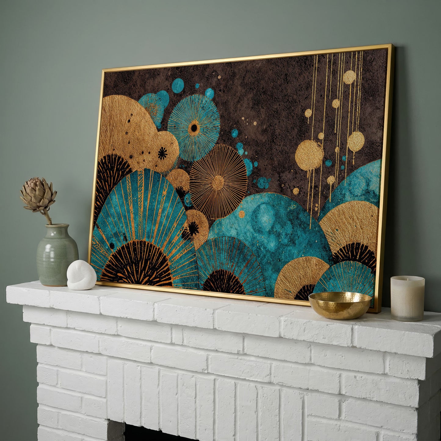 Teal and Gold Abstract Fan Shapes Canvas Art in yellow gold floating frame