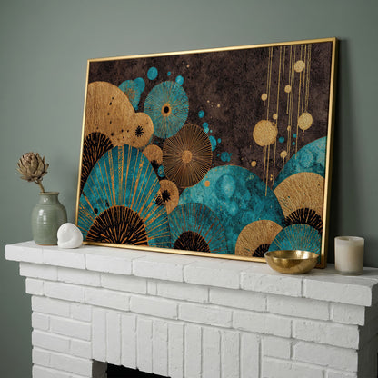 Teal and Gold Abstract Fan Shapes Canvas Art in yellow gold floating frame