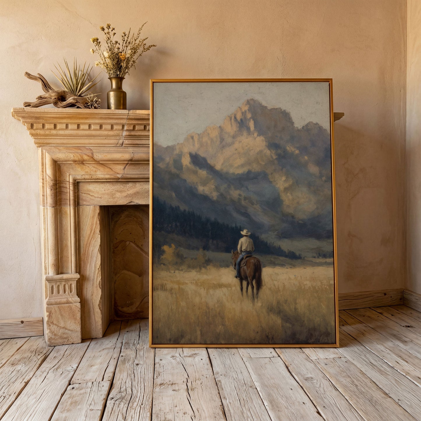 Cowboy on Horseback with Mountain Vista Canvas Print in antique gold floating frame