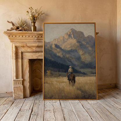 Cowboy on Horseback with Mountain Vista Canvas Print in antique gold floating frame