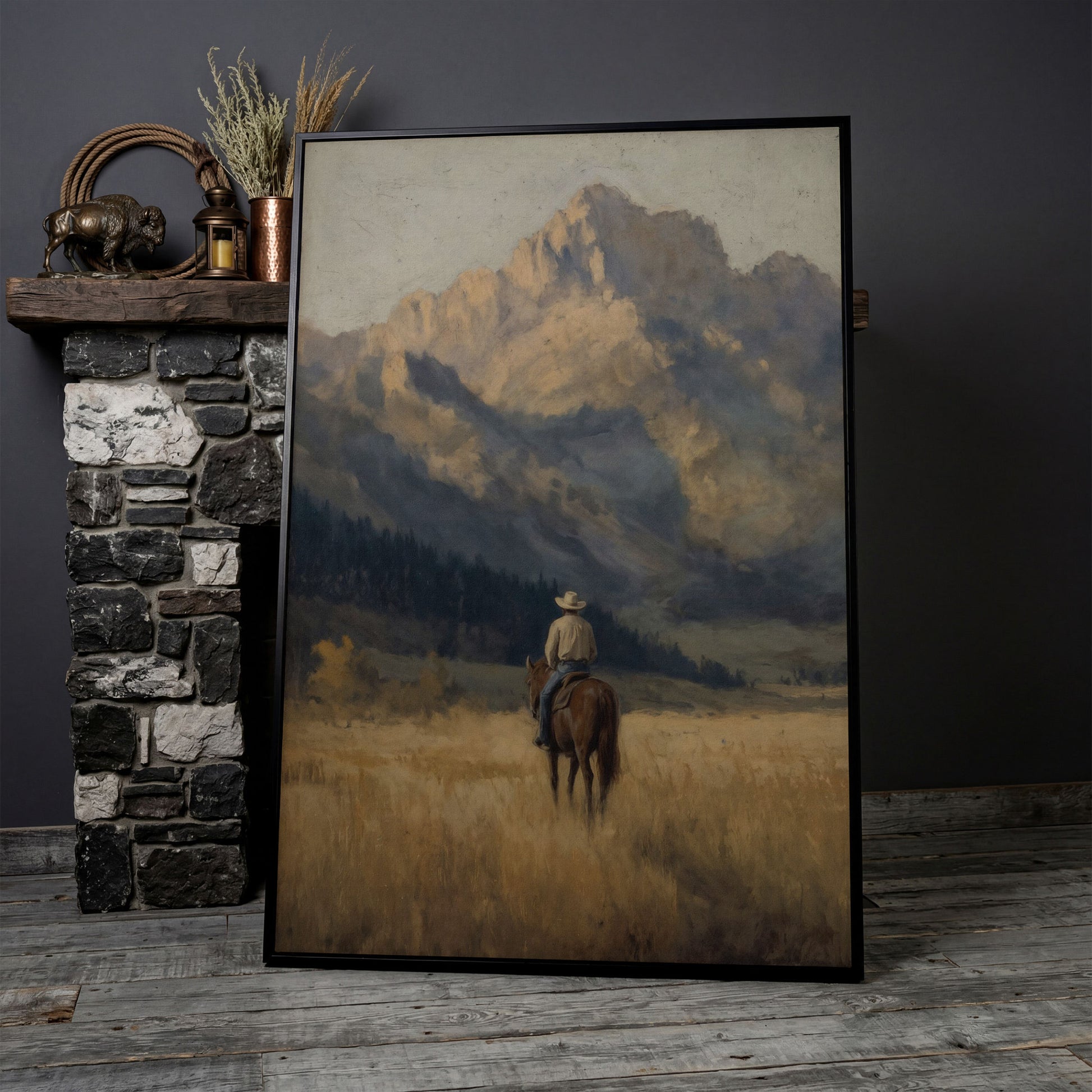 Cowboy on Horseback with Mountain Vista Canvas Print in black floating frame
