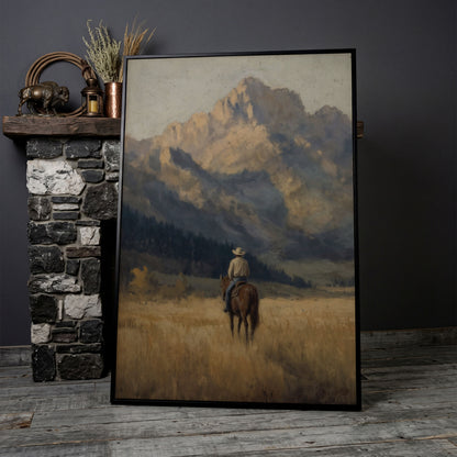 Cowboy on Horseback with Mountain Vista Canvas Print in black floating frame