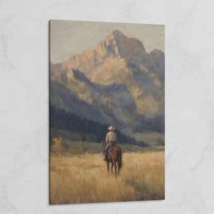 Cowboy on Horseback with Mountain Vista Canvas Print on gallery wrap