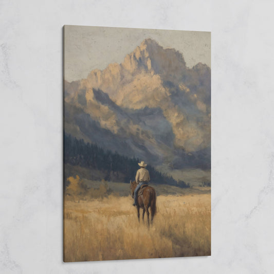 Cowboy on Horseback with Mountain Vista Canvas Print on gallery wrap