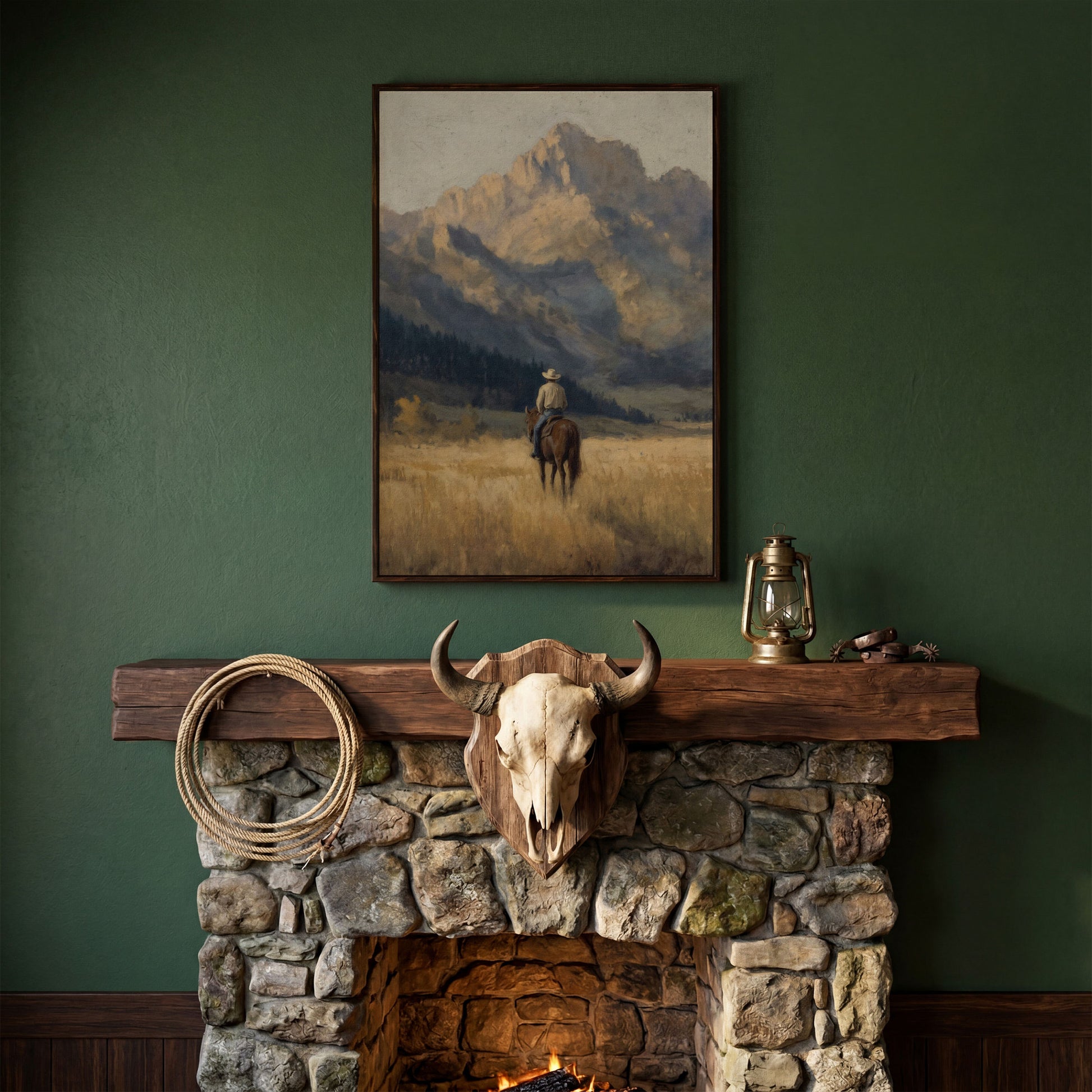 Cowboy on Horseback with Mountain Vista Canvas Print in dark walnut floating frame