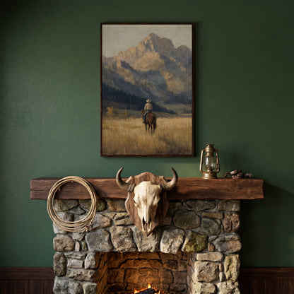 Cowboy on Horseback with Mountain Vista Canvas Print in dark walnut floating frame