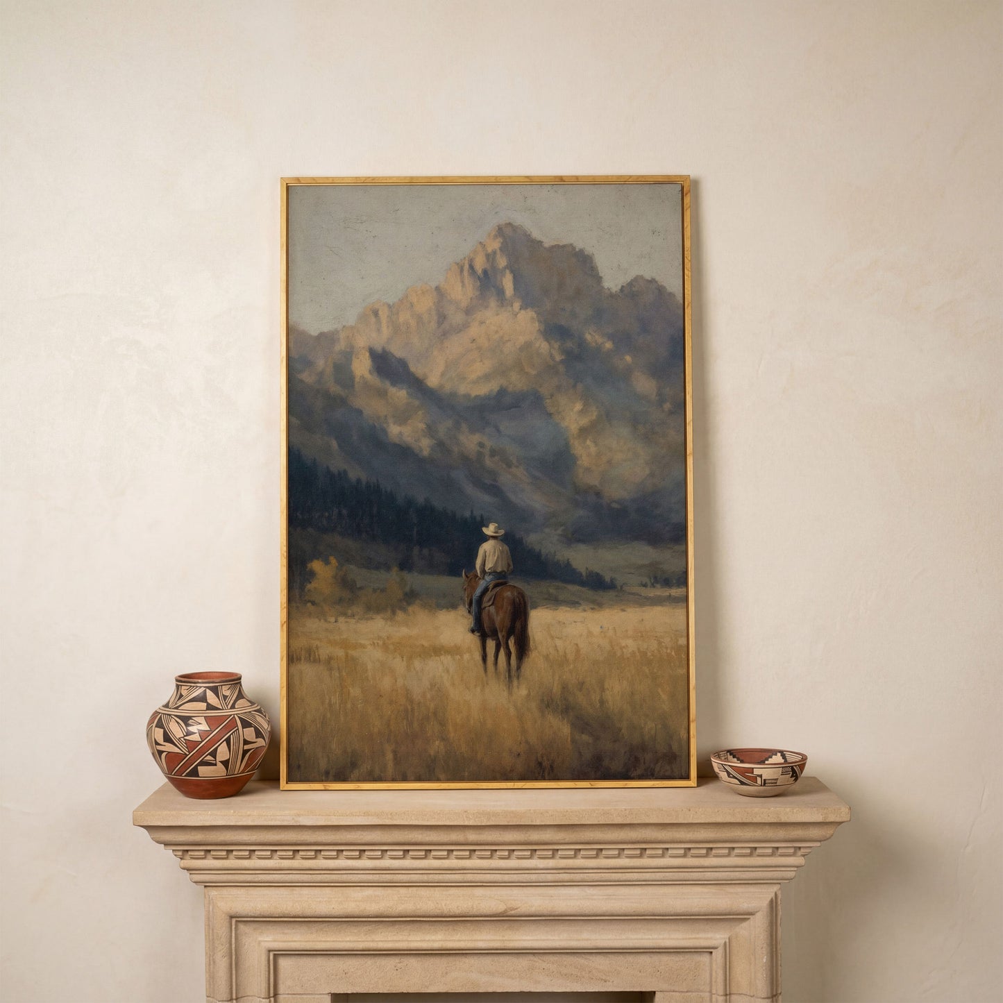 Cowboy on Horseback with Mountain Vista Canvas Print in white oak floating frame
