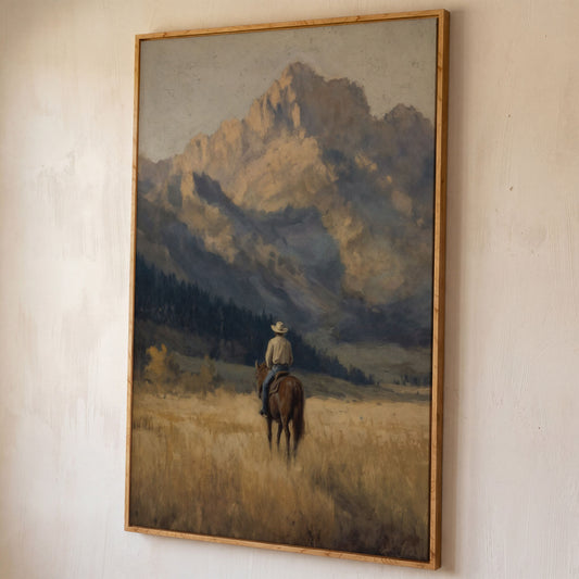 Cowboy on Horseback with Mountain Vista Canvas Print shown in white oak floating frame