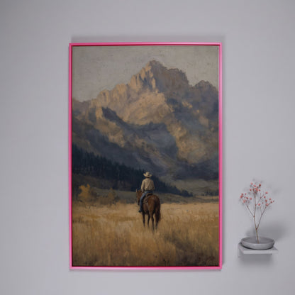 Cowboy on Horseback with Mountain Vista Canvas Print in pink floating frame