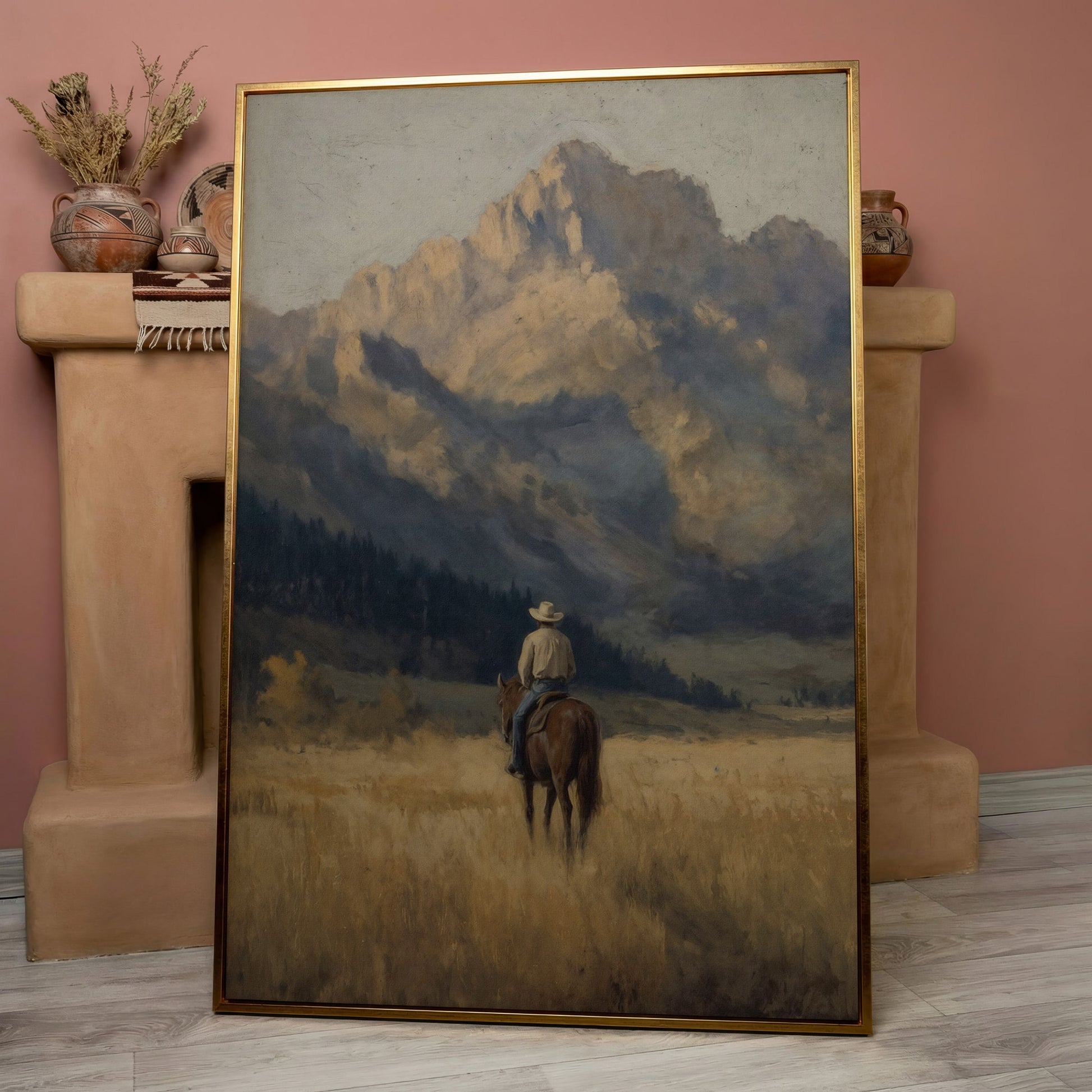 Cowboy on Horseback with Mountain Vista Canvas Print in rose gold floating frame