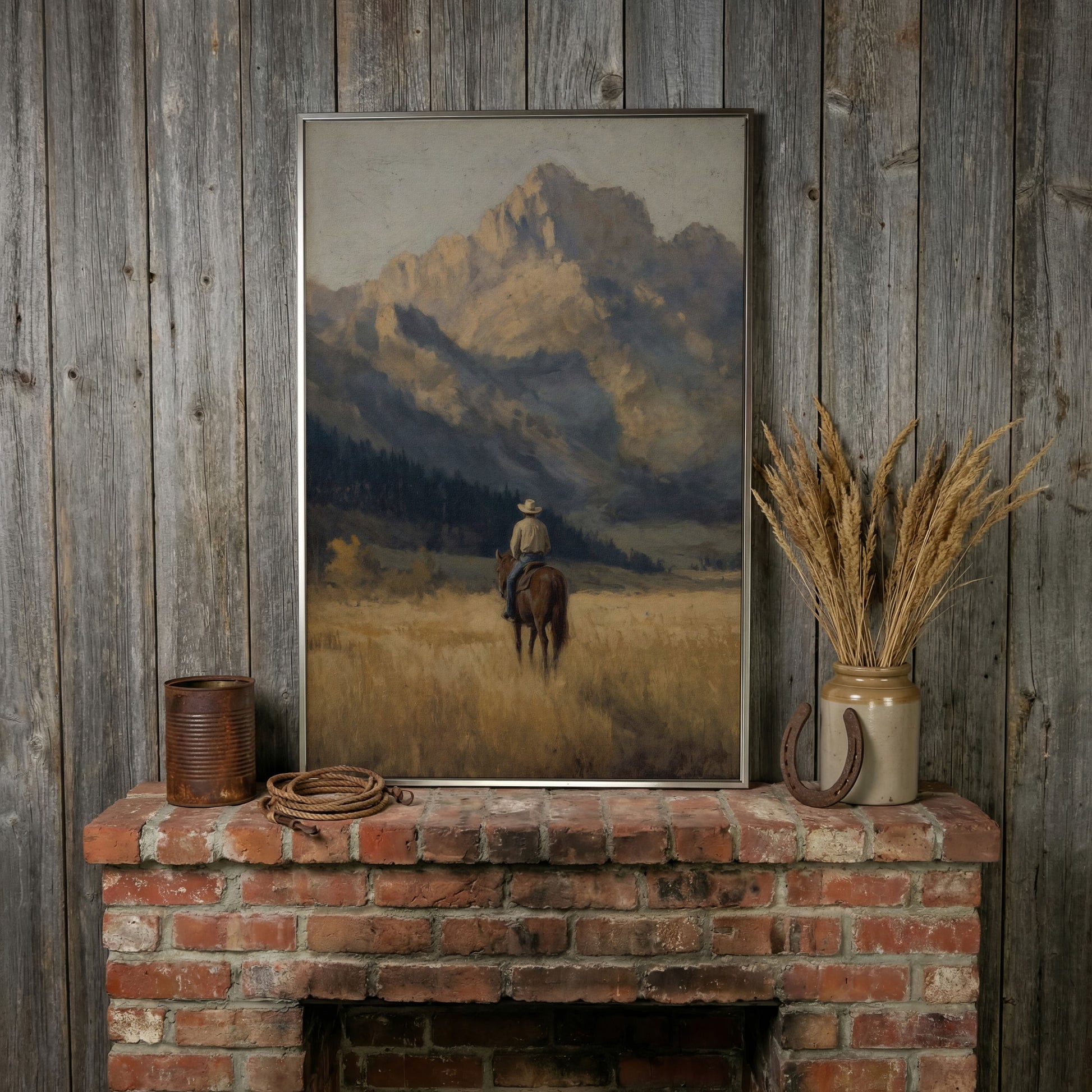 Cowboy on Horseback with Mountain Vista Canvas Print in silver floating frame