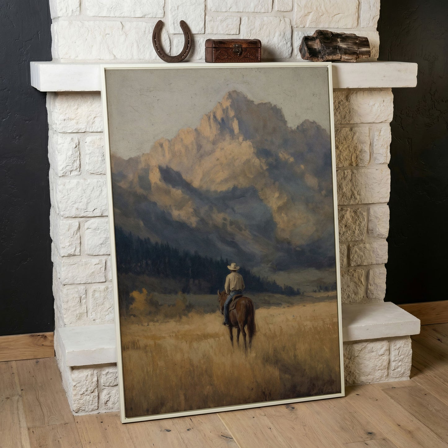 Cowboy on Horseback with Mountain Vista Canvas Print in white floating frame