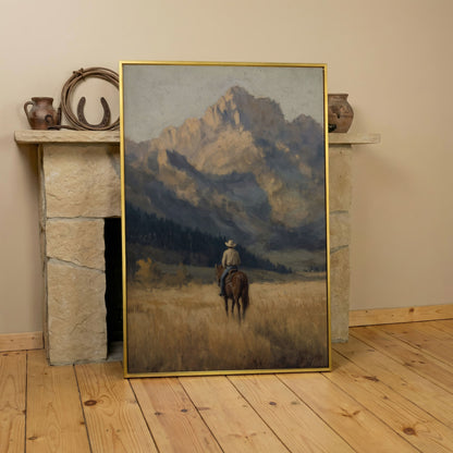 Cowboy on Horseback with Mountain Vista Canvas Print in yellow gold floating frame
