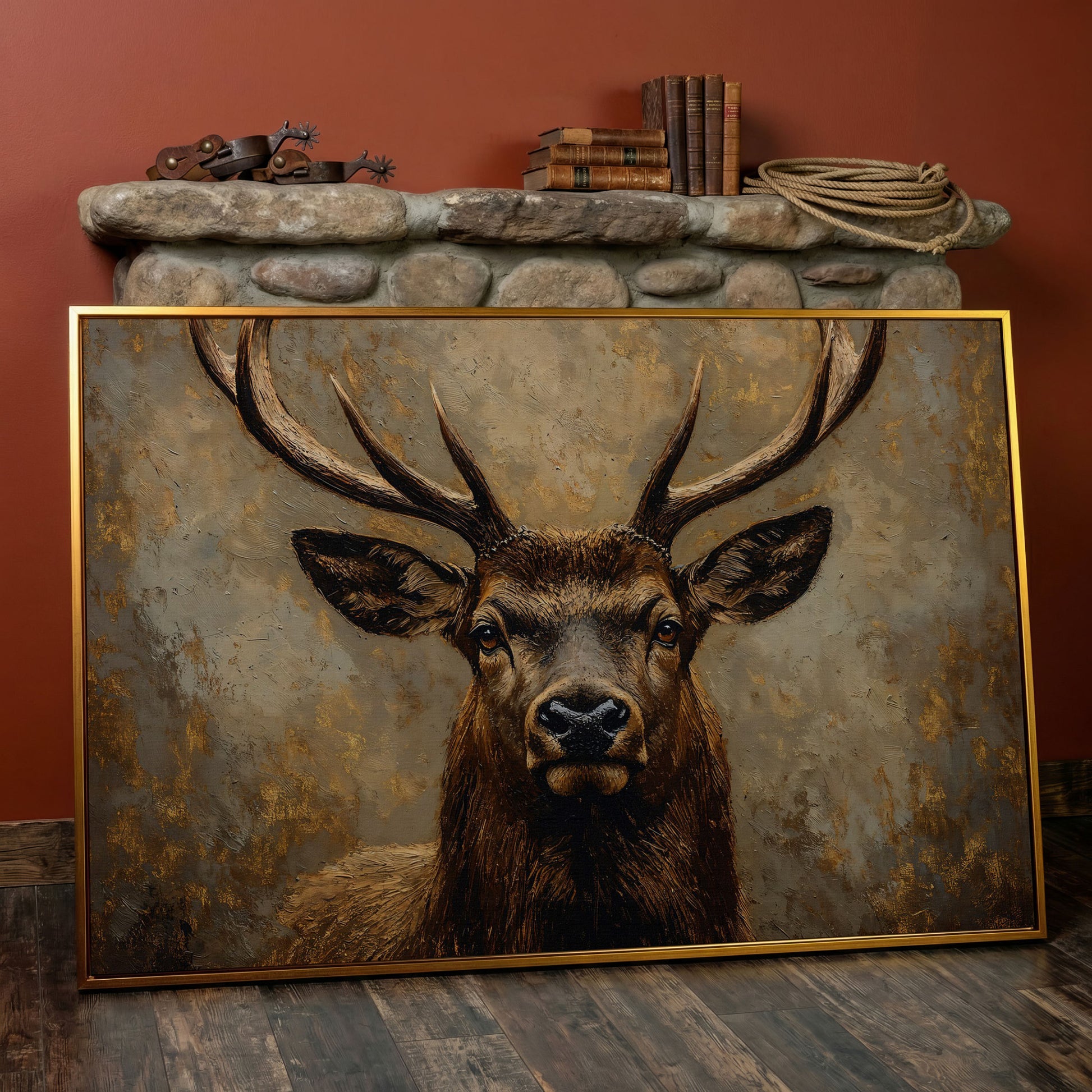 Stag Portrait Canvas Wall Art, Large Deer with Antlers in antique gold floating frame