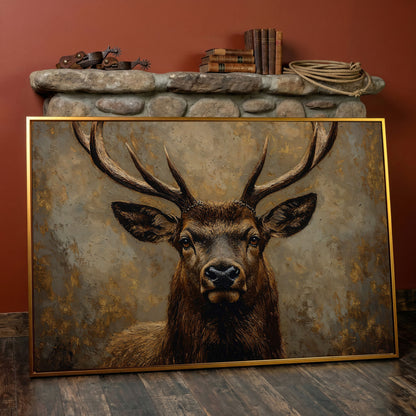 Stag Portrait Canvas Wall Art, Large Deer with Antlers in antique gold floating frame
