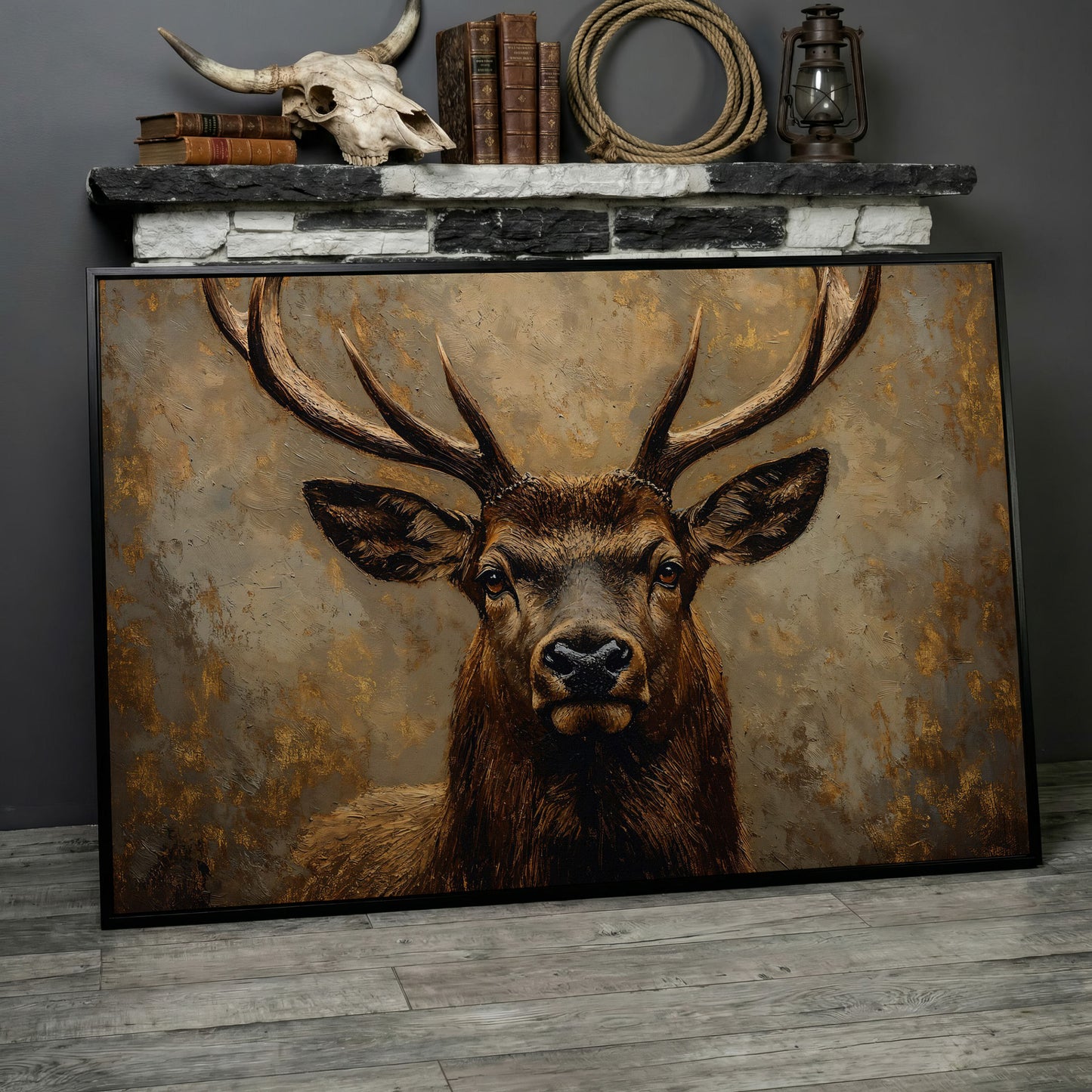 Stag Portrait Canvas Wall Art, Large Deer with Antlers in black floating frame