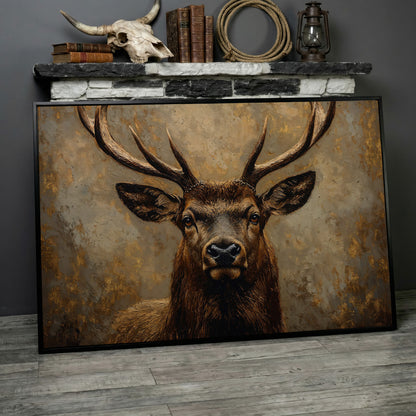 Stag Portrait Canvas Wall Art, Large Deer with Antlers in black floating frame