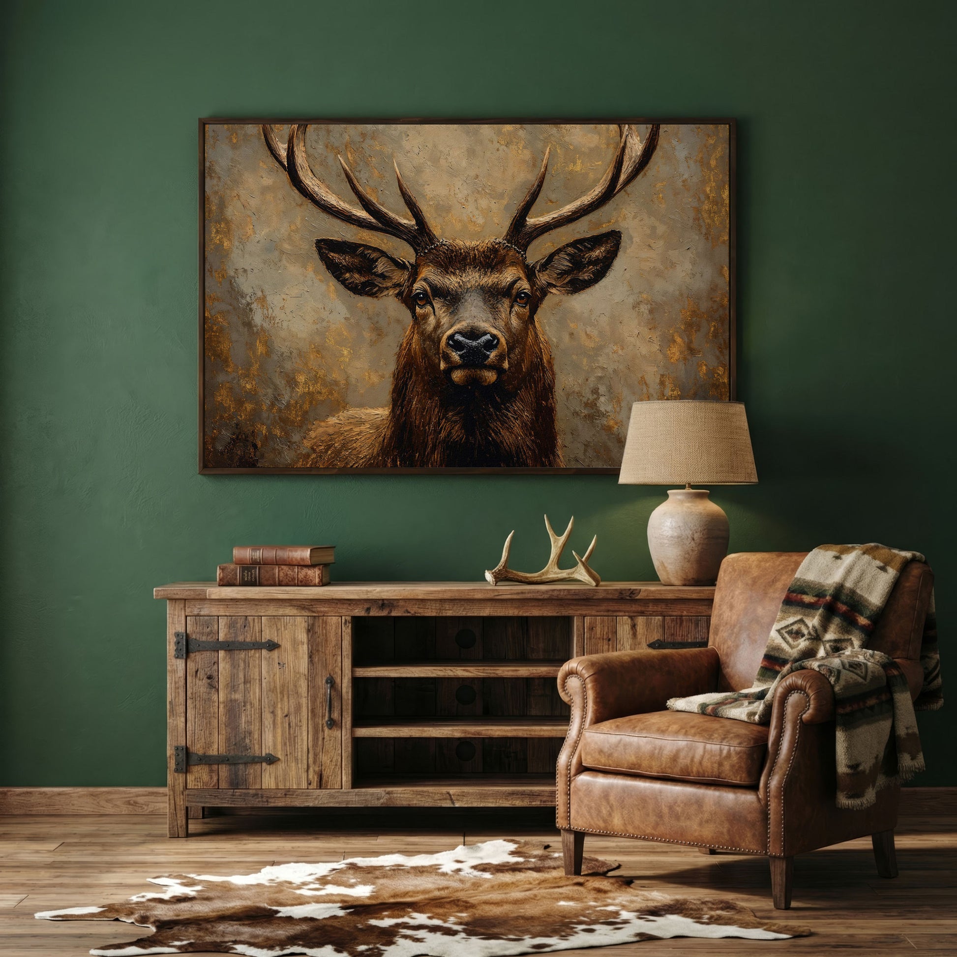 Stag Portrait Canvas Wall Art, Large Deer with Antlers in dark walnut floating frame