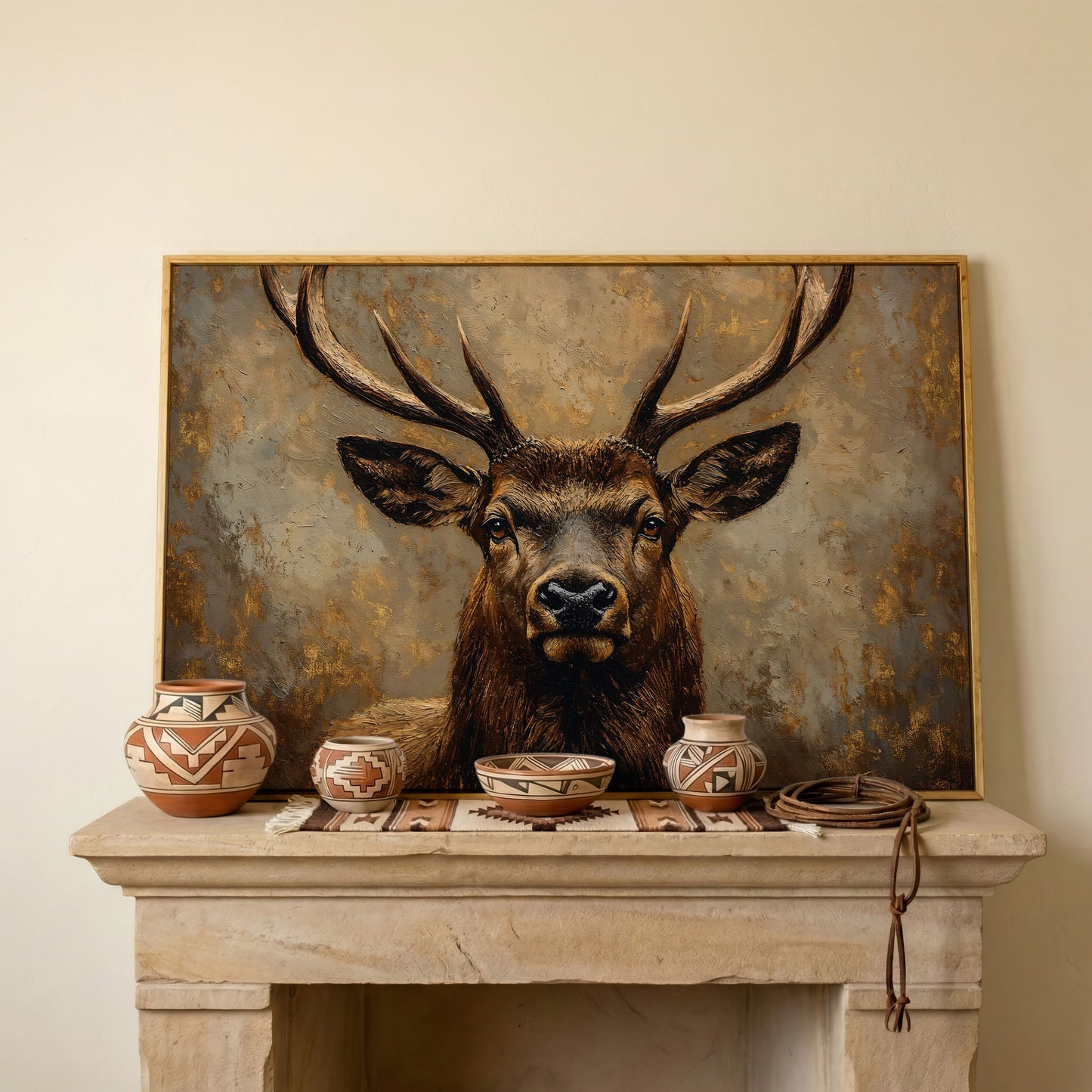 Stag Portrait Canvas Wall Art, Large Deer with Antlers in white oak floating frame