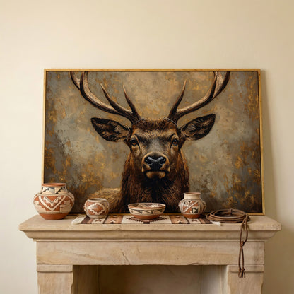 Stag Portrait Canvas Wall Art, Large Deer with Antlers in white oak floating frame