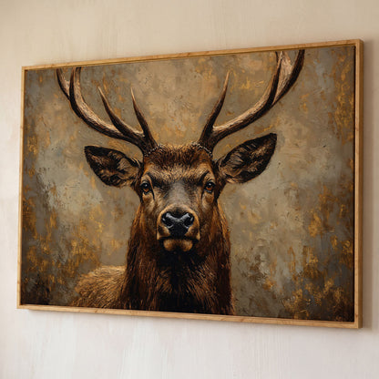Stag Portrait Canvas Wall Art, Large Deer with Antlers shown in white oak floating frame