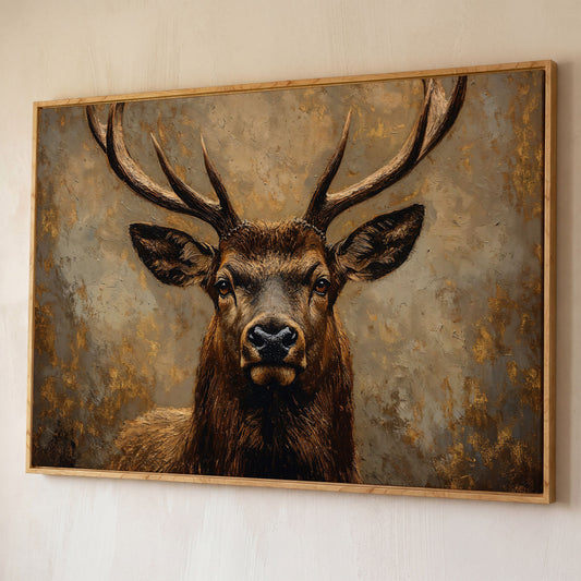 Stag Portrait Canvas Wall Art, Large Deer with Antlers shown in white oak floating frame
