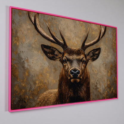 Stag Portrait Canvas Wall Art, Large Deer with Antlers in pink floating frame