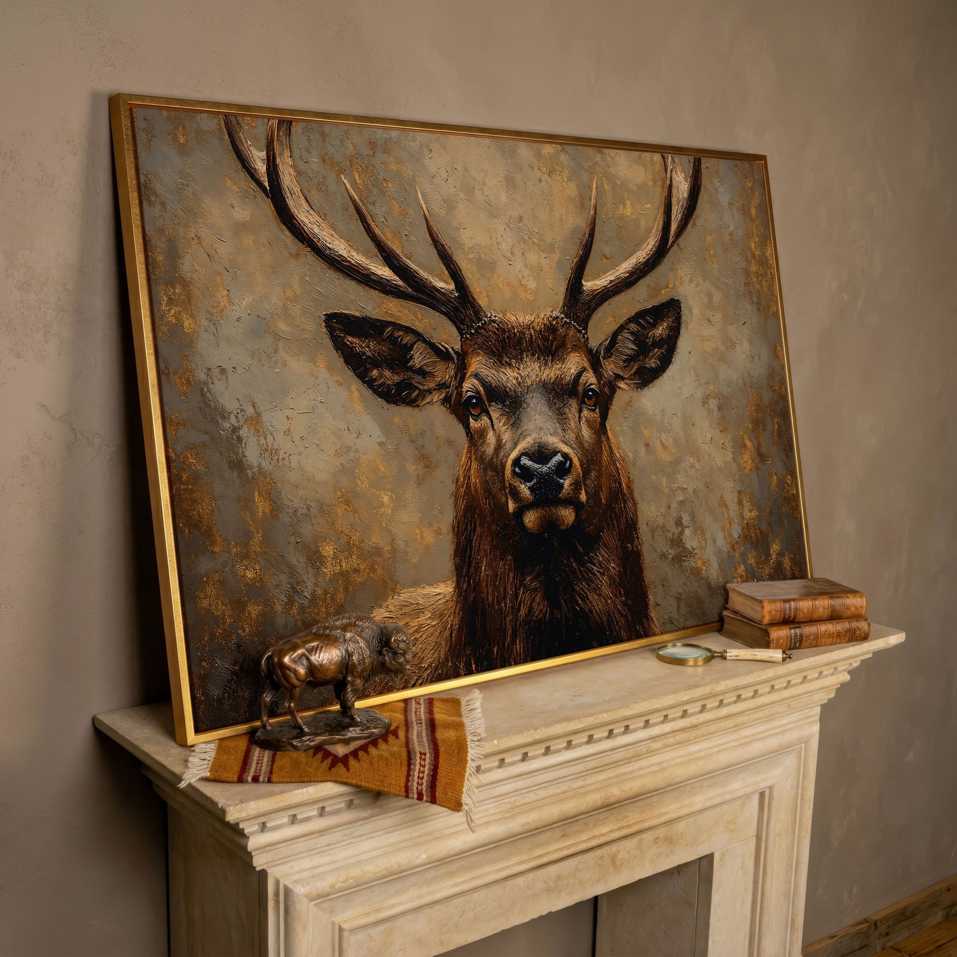 Stag Portrait Canvas Wall Art, Large Deer with Antlers in rose gold floating frame
