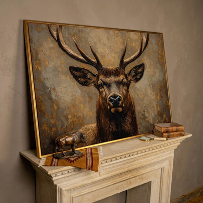 Stag Portrait Canvas Wall Art, Large Deer with Antlers in rose gold floating frame