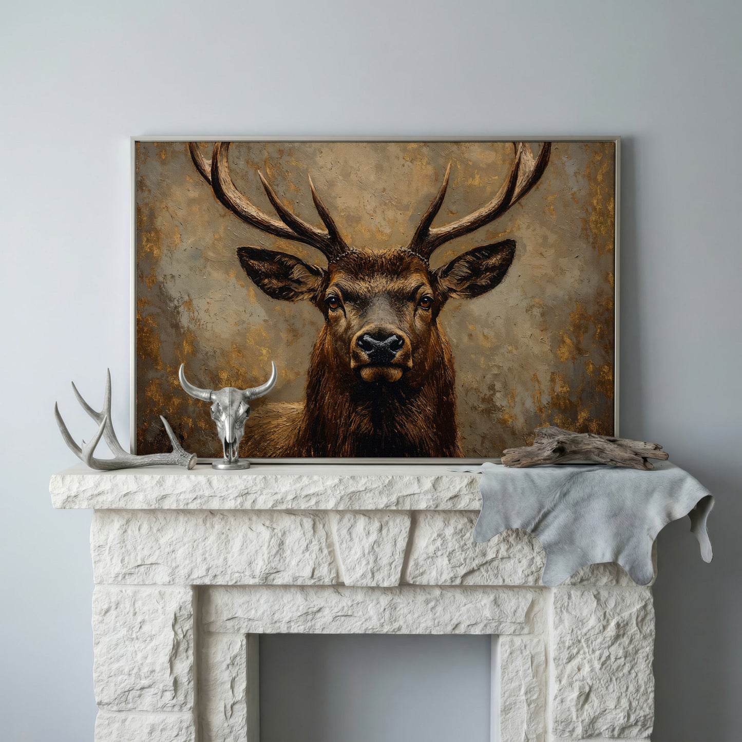 Stag Portrait Canvas Wall Art, Large Deer with Antlers in silver floating frame