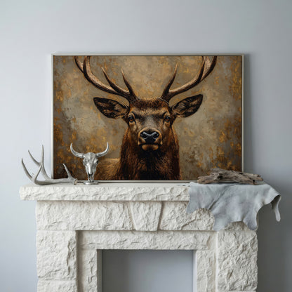 Stag Portrait Canvas Wall Art, Large Deer with Antlers in silver floating frame