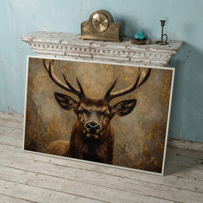 Stag Portrait Canvas Wall Art, Large Deer with Antlers in white floating frame