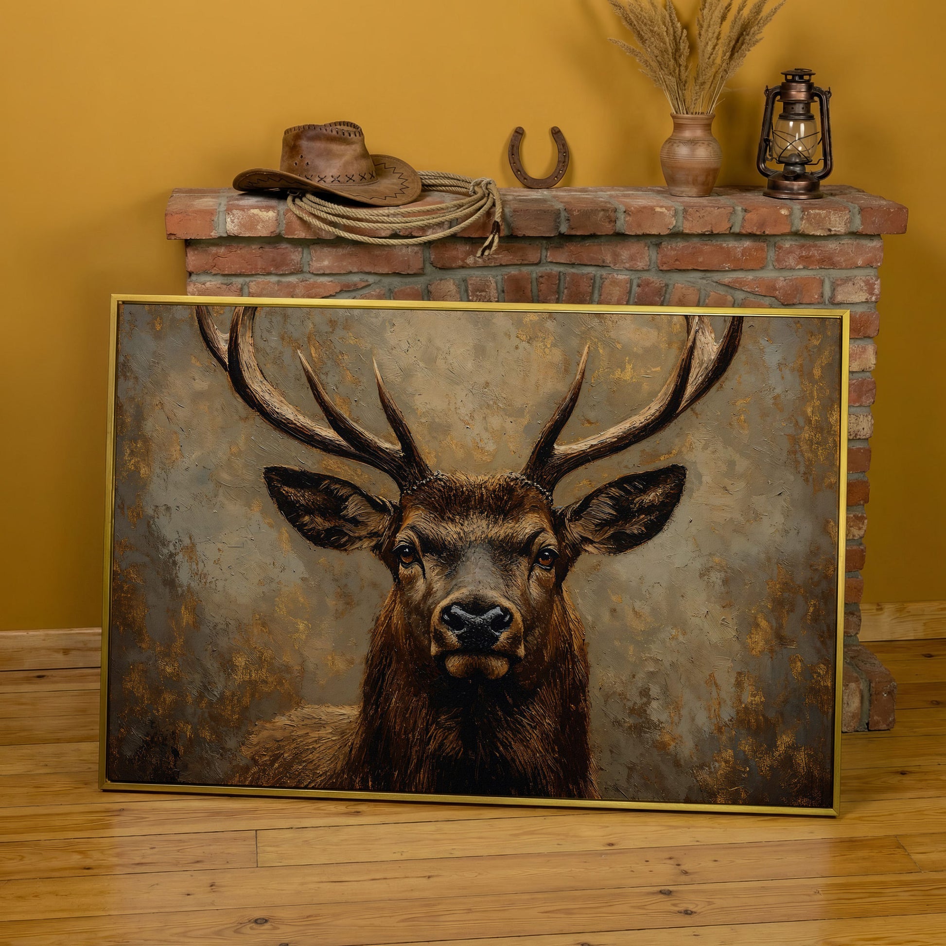Stag Portrait Canvas Wall Art, Large Deer with Antlers in yellow gold floating frame