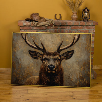 Stag Portrait Canvas Wall Art, Large Deer with Antlers in yellow gold floating frame