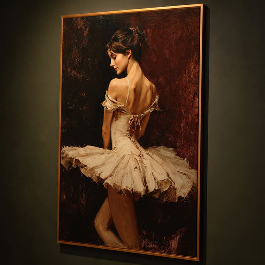 White Tutu Ballerina Canvas Art, Back View Ballet Wall Art shown in antique gold floating frame