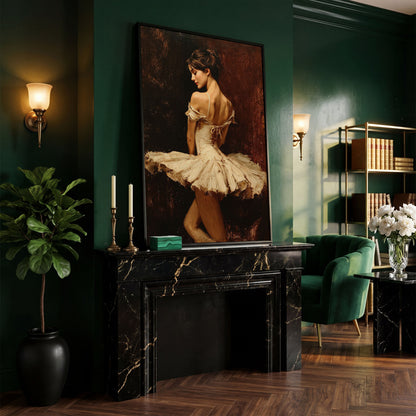White Tutu Ballerina Canvas Art, Back View Ballet Wall Art in black floating frame
