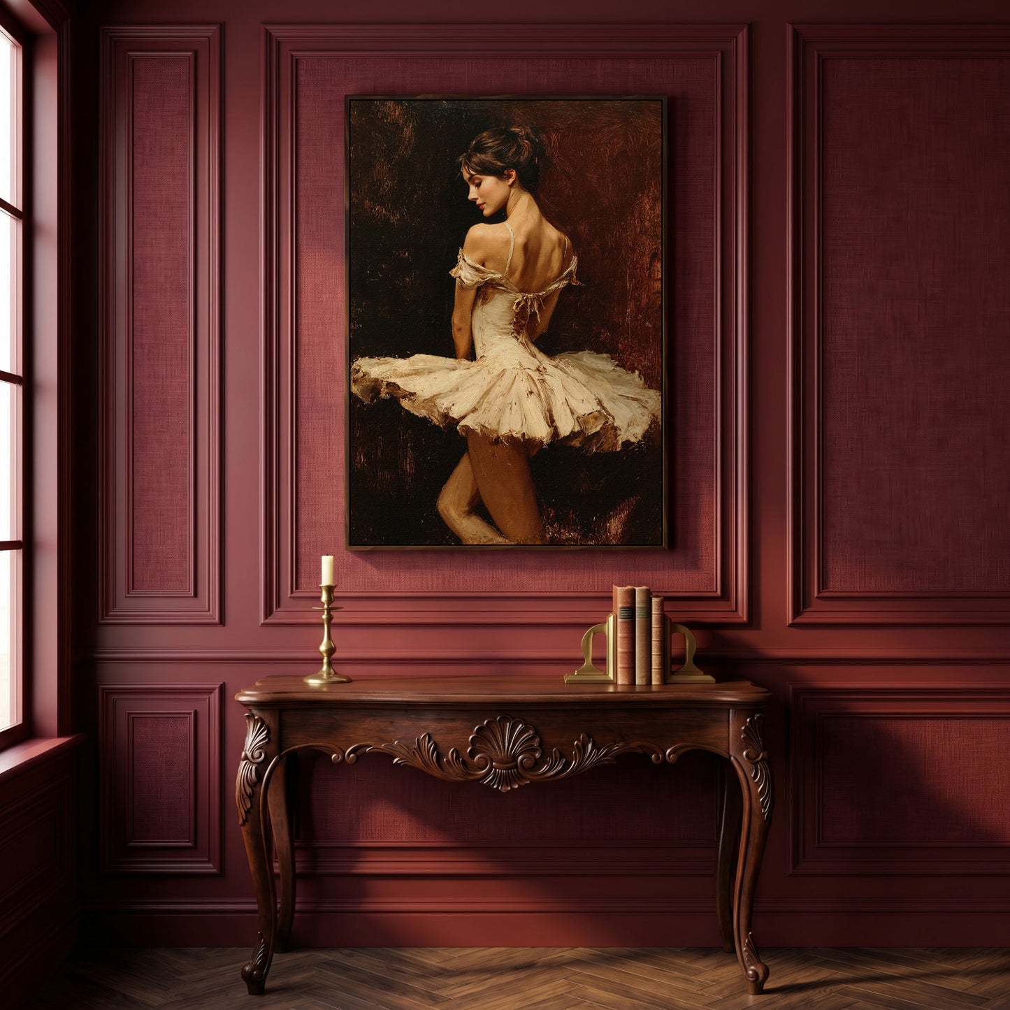 White Tutu Ballerina Canvas Art, Back View Ballet Wall Art in dark walnut floating frame