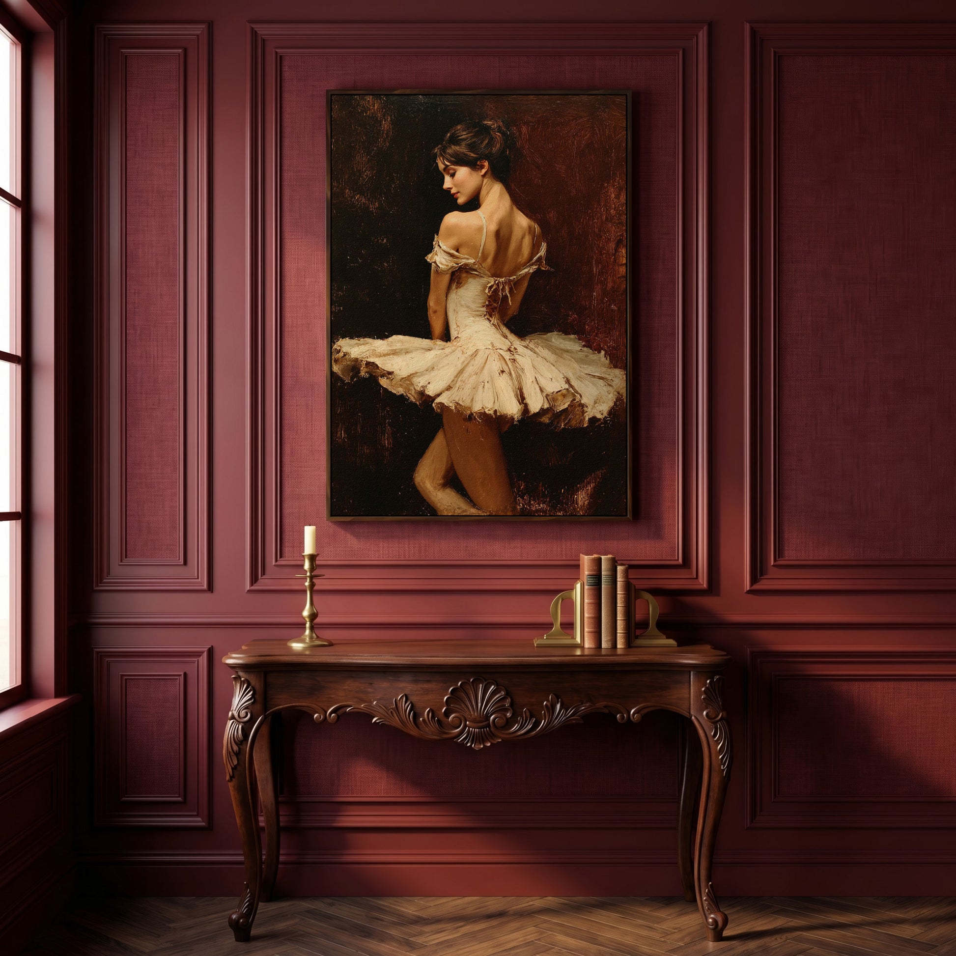 White Tutu Ballerina Canvas Art, Back View Ballet Wall Art in dark walnut floating frame