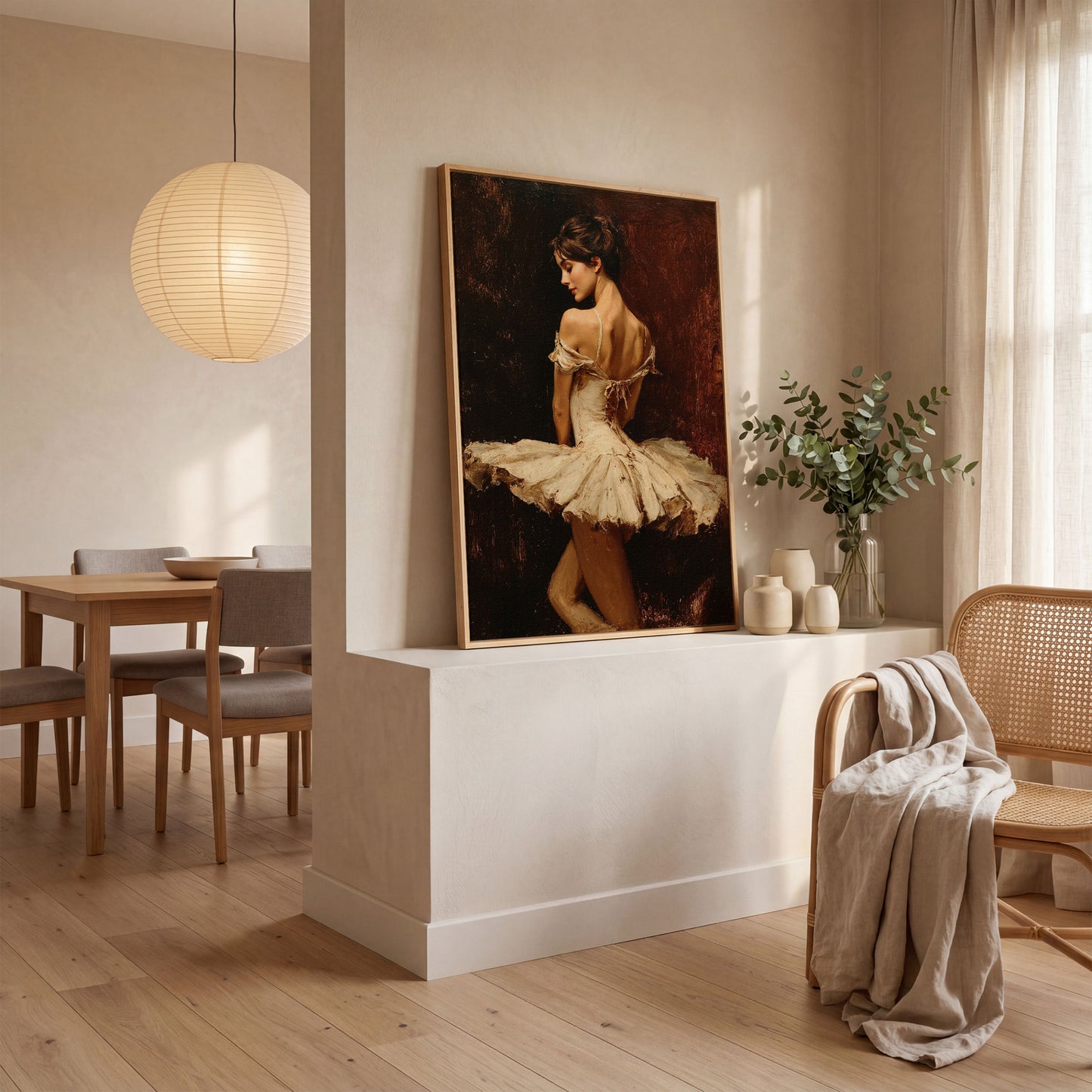 White Tutu Ballerina Canvas Art, Back View Ballet Wall Art in white oak floating frame