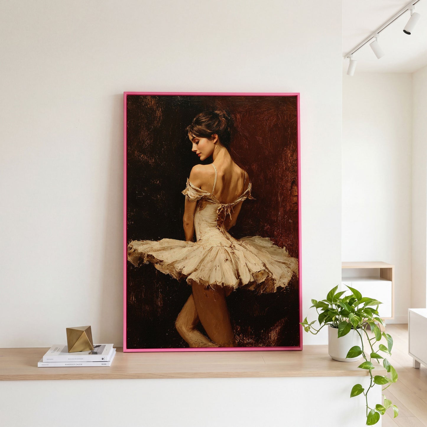 White Tutu Ballerina Canvas Art, Back View Ballet Wall Art in pink floating frame