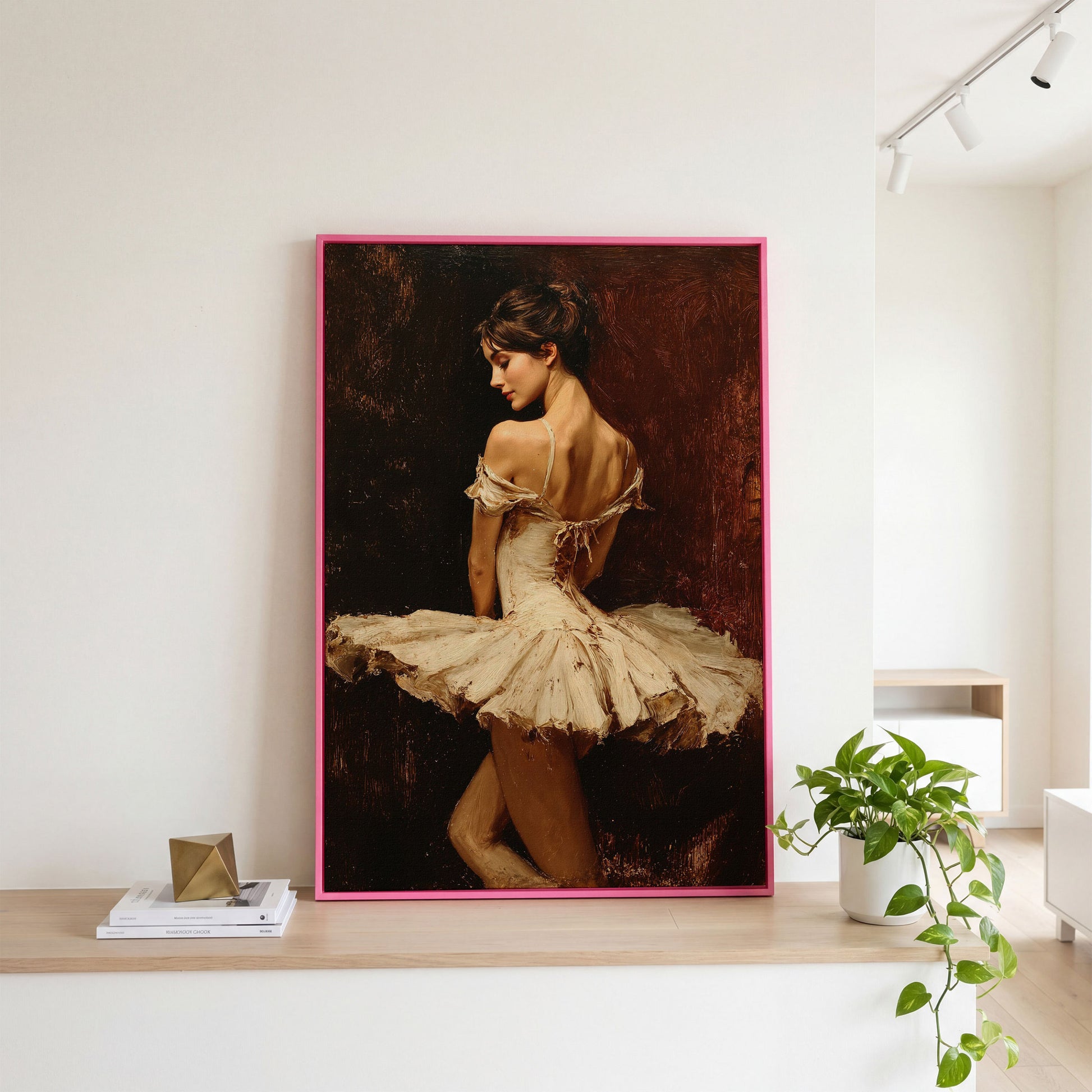 White Tutu Ballerina Canvas Art, Back View Ballet Wall Art in pink floating frame