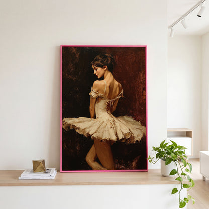 White Tutu Ballerina Canvas Art, Back View Ballet Wall Art in pink floating frame