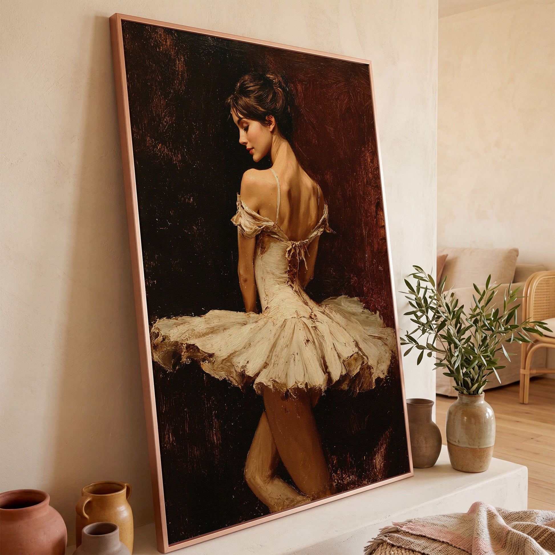 White Tutu Ballerina Canvas Art, Back View Ballet Wall Art in rose gold floating frame