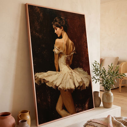 White Tutu Ballerina Canvas Art, Back View Ballet Wall Art in rose gold floating frame