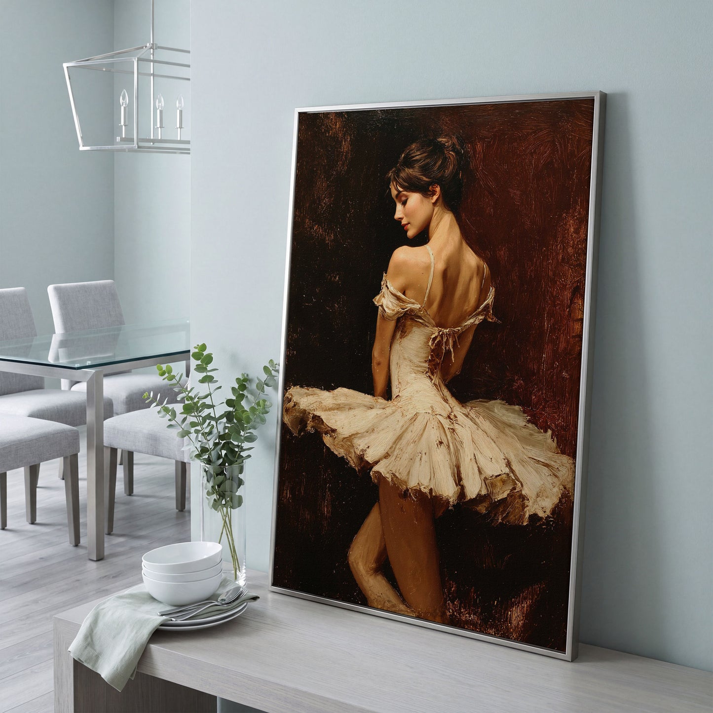 White Tutu Ballerina Canvas Art, Back View Ballet Wall Art in silver floating frame