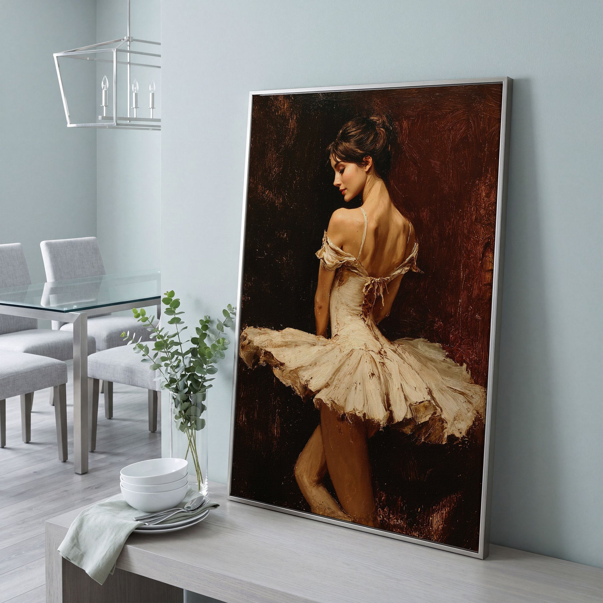 White Tutu Ballerina Canvas Art, Back View Ballet Wall Art in silver floating frame