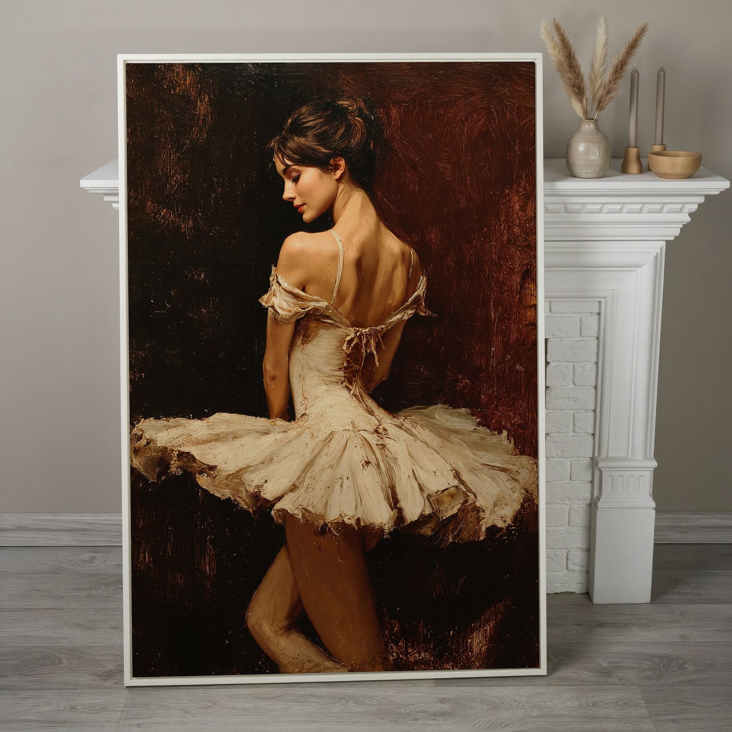 White Tutu Ballerina Canvas Art, Back View Ballet Wall Art in white floating frame