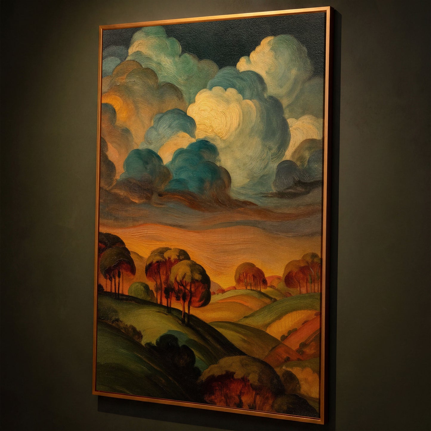 Rolling Hills and Swirling Clouds, Sage Green Landscape Canvas Art shown in antique gold floating frame