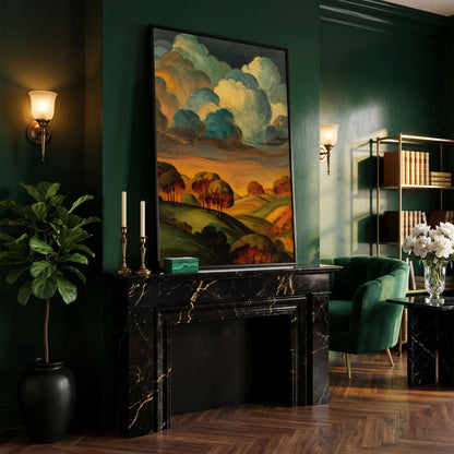 Rolling Hills and Swirling Clouds, Sage Green Landscape Canvas Art in black floating frame